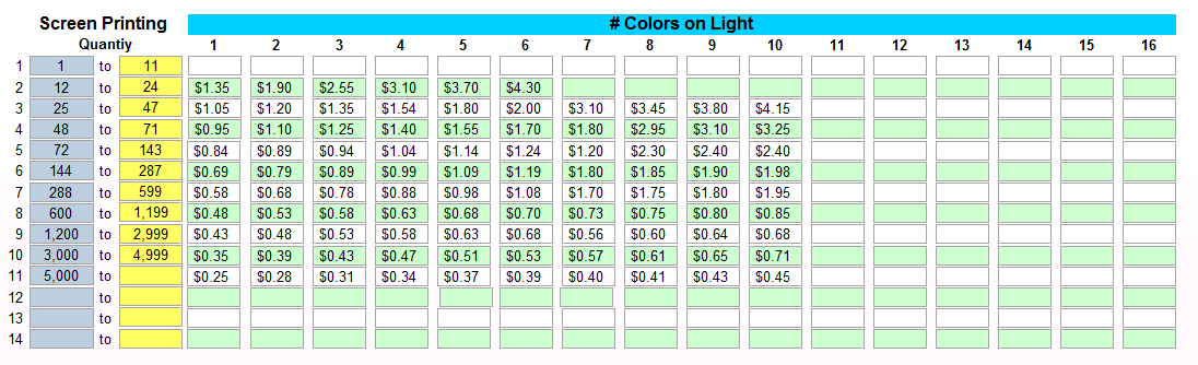 3. Screen Printing Pricing Grid